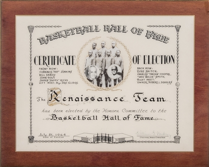 1964 The Renaissance Team Basketball Hall of Fame Certificate of Election (Abdul-Jabbar LOA)